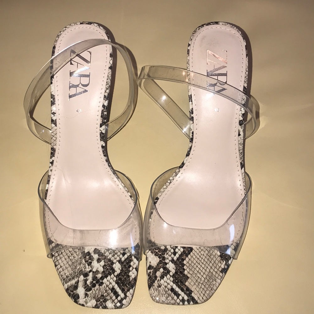Snakeskin clear heels